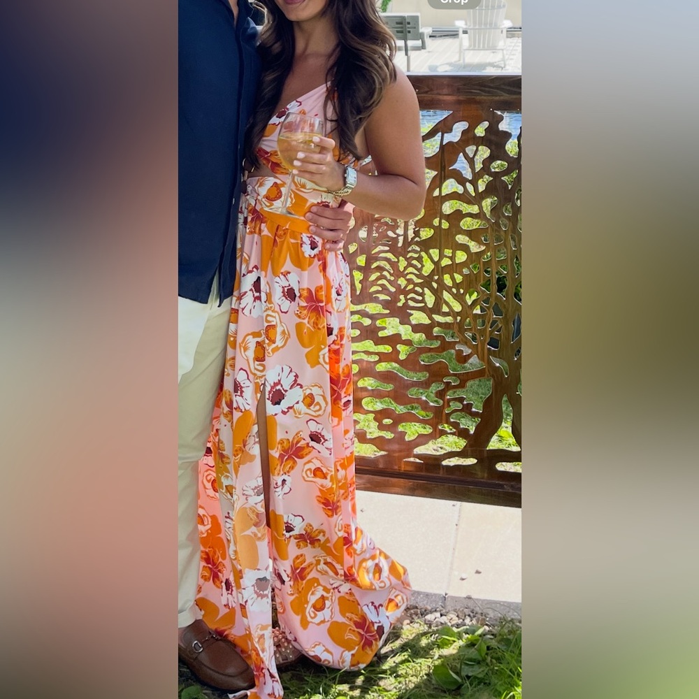 Hello Molly One Shoulder Floral Dress in Pink and Orange